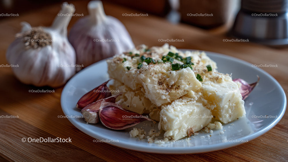 Creamy Dish with Garlic and Fresh Herbs on a Rustic Plate