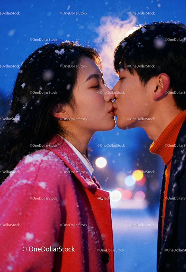 Couple Sharing a Tender Kiss in Snowy Winter Evening
