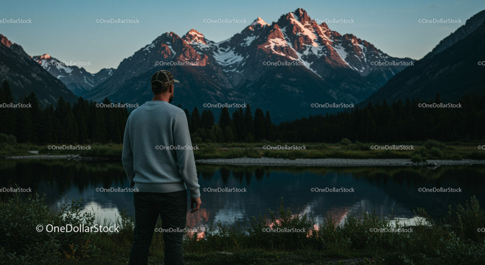 Adventurous Man Enjoying Scenic Mountain Reflection at Sunset