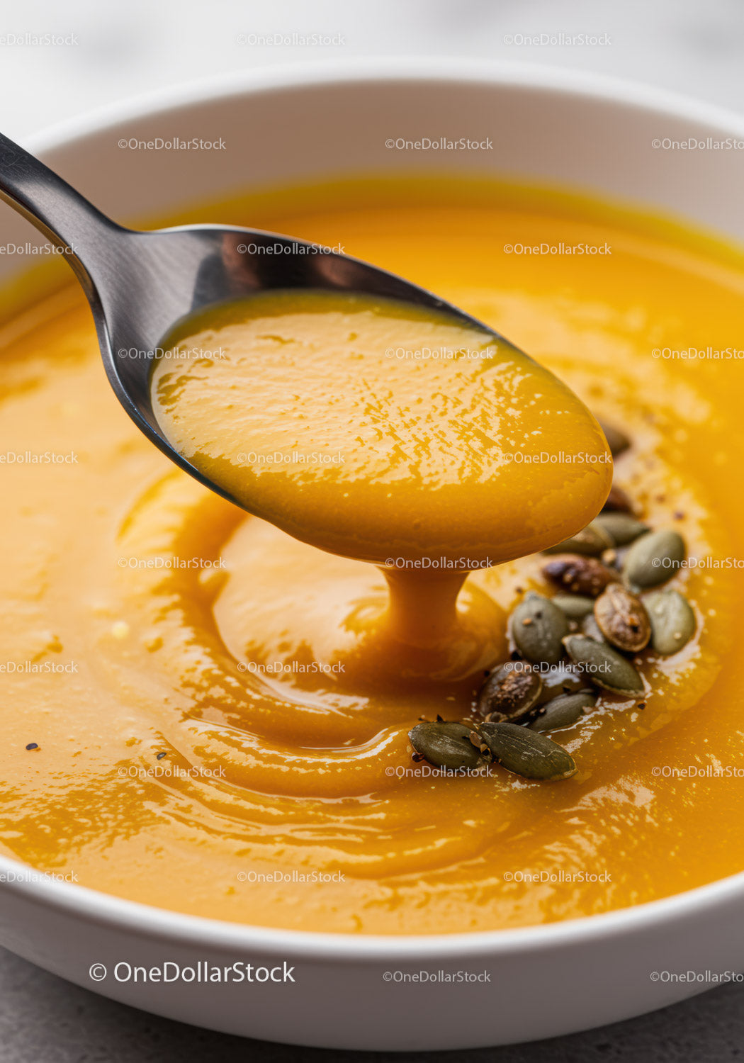 Creamy pumpkin soup with roasted seeds in white bowl