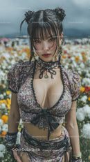 Young Woman in Floral Crop Top with Buns in Urban Setting