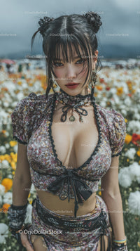 Young Woman in Floral Crop Top with Buns in Urban Setting
