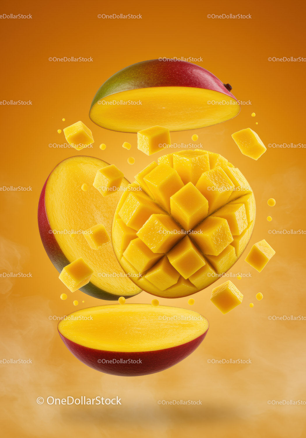 Fresh ripe mango cubes suspended in vibrant orange background