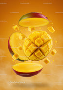 Fresh ripe mango cubes suspended in vibrant orange background
