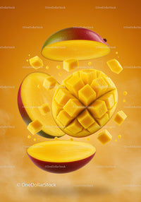 Fresh ripe mango cubes suspended in vibrant orange background