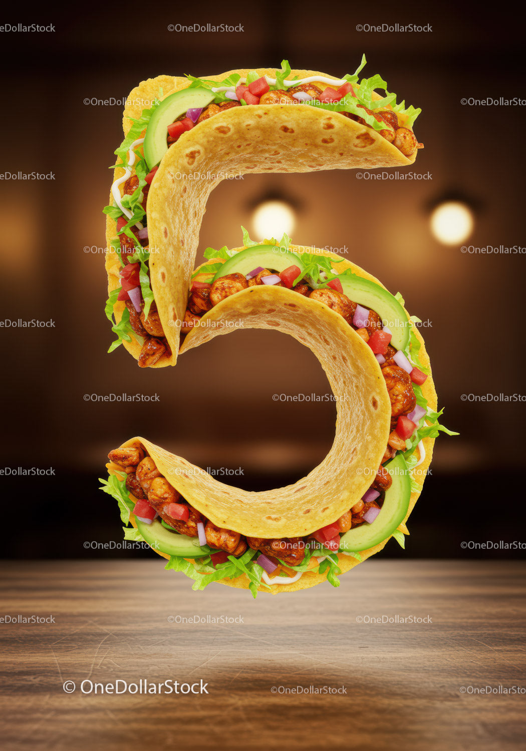 Taco w kształcie cyfry pięć unoszące się nad drewnianym stołem