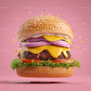 Juicy Cheeseburger with Melty Cheese and Fresh Vegetables on Pink Background
