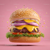 Juicy Cheeseburger with Melty Cheese and Fresh Vegetables on Pink Background