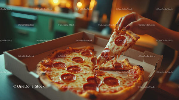 Cheesy Pepperoni Pizza Slice Being Lifted from a Pizza Box