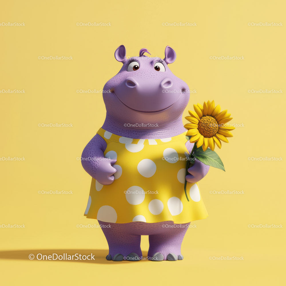 Cute Cartoon Hippo Holding Sunflower in Yellow Dress for Kids Illustration