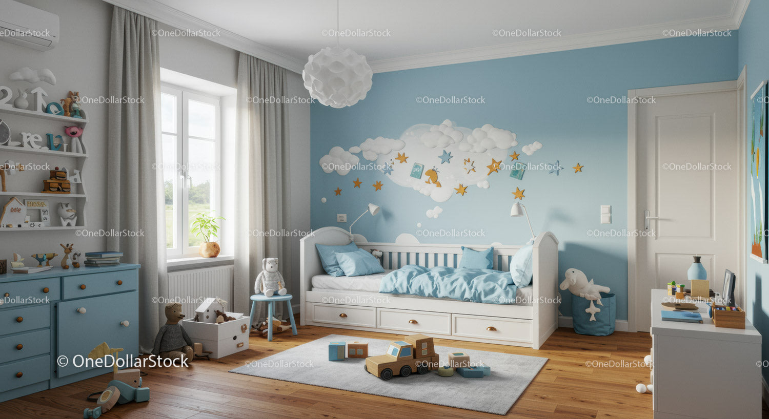 Bright Blue Kids Bedroom with Cloud Wall Art and Wooden Toys