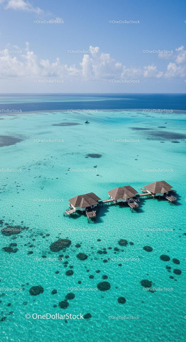 Overwater Bungalows on Bright Turquoise Lagoon with Clear Sky