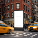 Busy city intersection with blank advertising board