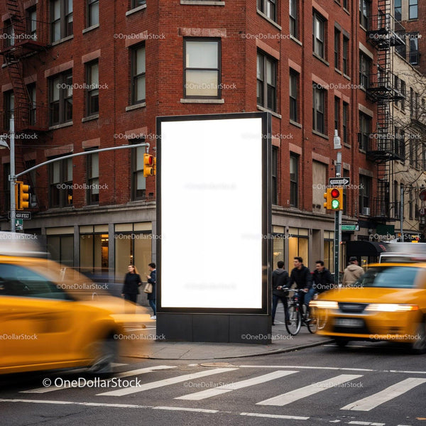 Busy city intersection with blank advertising board JPG Mockup Image