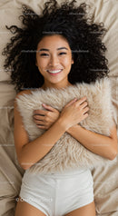 Happy young woman lying on bed hugging fluffy pillow