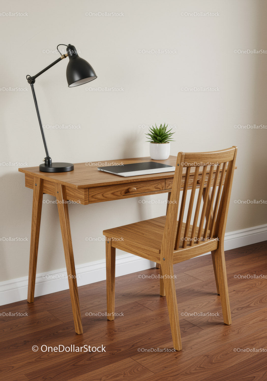 Home Office with Wooden Desk and Chair in Cozy Interior