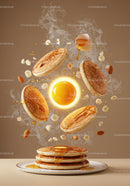 Stack of Pancakes with Floating Ingredients and Syrup Drizzle