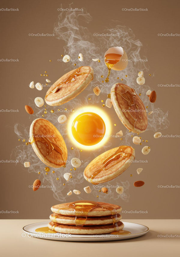 Stack of Pancakes with Floating Ingredients and Syrup Drizzle