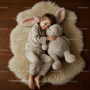 Child cuddling plush bunny on soft woolen rug
