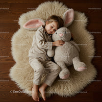 Child cuddling plush bunny on soft woolen rug
