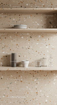 Modern Tiles with Kitchen Shelves and Glass Decor Elements