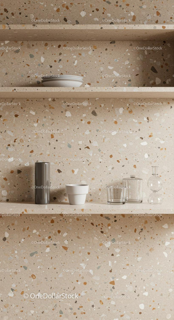 Modern Tiles with Kitchen Shelves and Glass Decor Elements