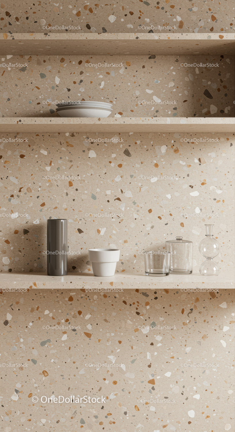 Modern Tiles with Kitchen Shelves and Glass Decor Elements
