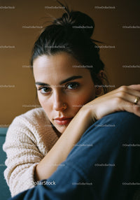 Young Woman with Black Hair and Brown Eyes in Cozy Indoor Setting