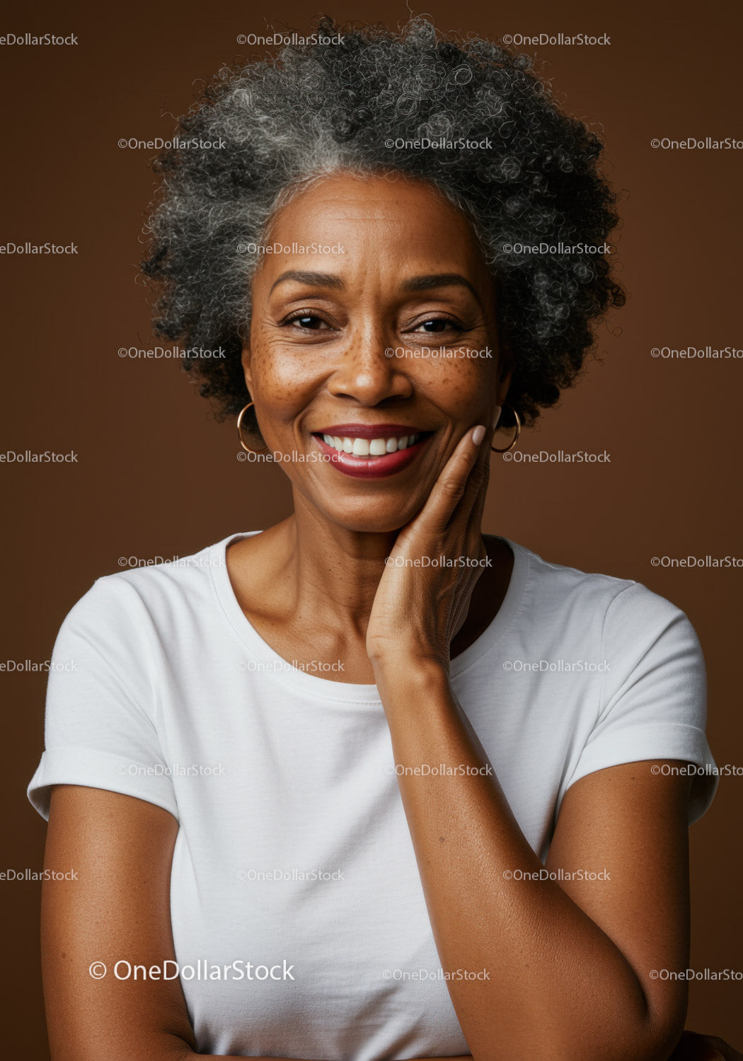Elegant Mature African American Woman with Grey Curly Hair Smiling