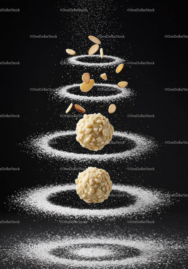 Almond covered truffles surrounded by powdered sugar rings