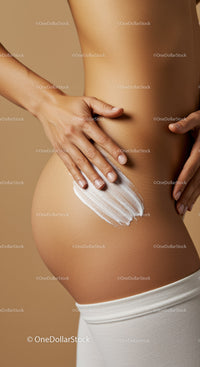 Elegant Female Body with Hands Applying Moisturizing Cream