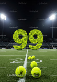 Creative tennis balls arranged as number ninety nine on court