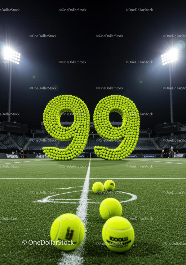 Creative tennis balls arranged as number ninety nine on court