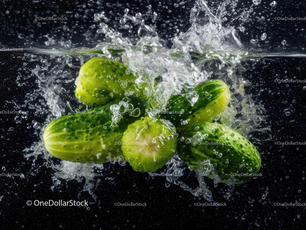 Fresh Green Cucumbers Splashing in Water with Vibrant Details