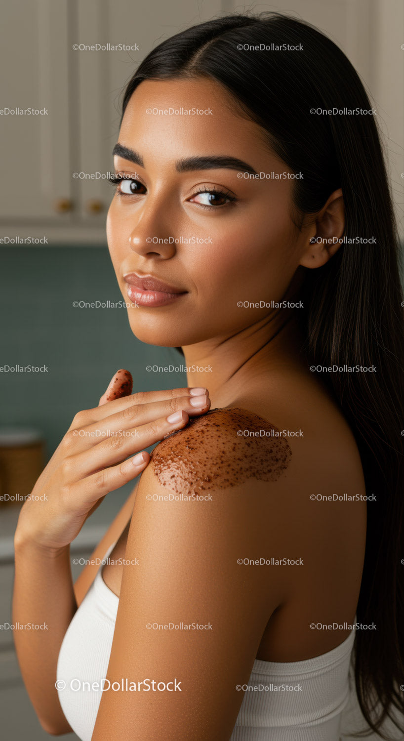 Young Woman Applying Coffee Scrub on Shoulder for Skin Rejuvenation