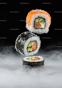 Fresh sushi rolls hovering above misty surface
