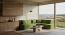 Modern living room with green corner sofa and nature view