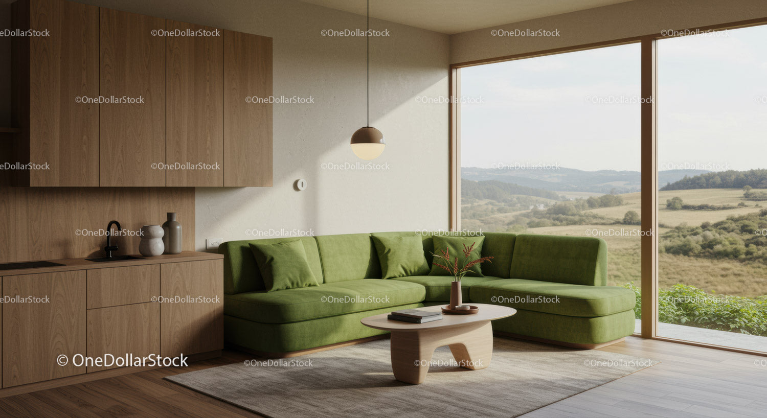 Modern living room with green corner sofa and nature view