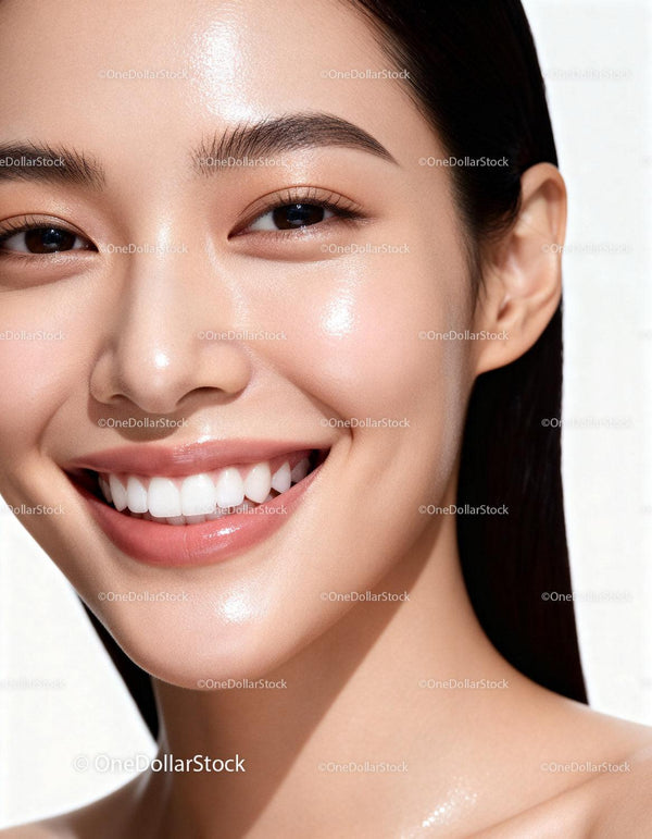 Close up of smiling woman with glowing smooth skin