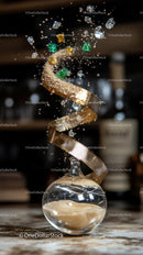 Dynamic Liquid Splash with Sparkling Particles Over Glass Flask