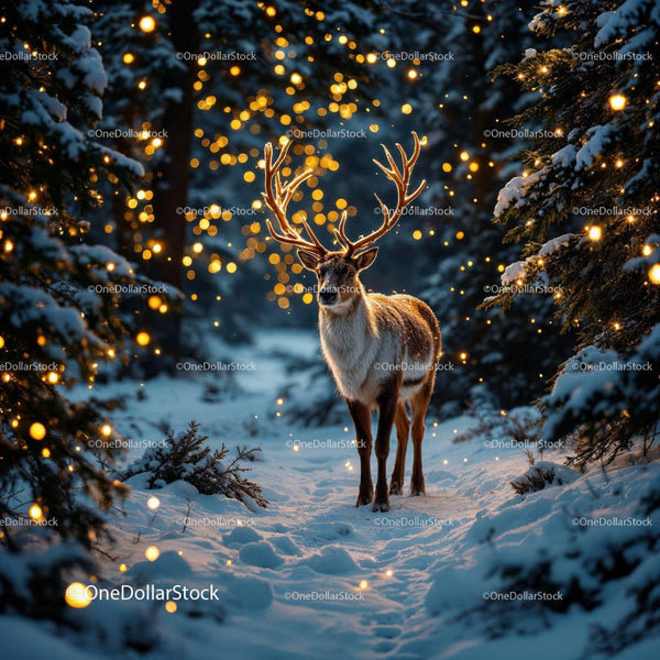 Majestic Reindeer Standing in Snowy Forest with Lights