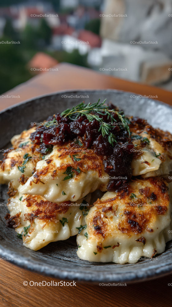 Crispy Dumplings with Herb Garnish and Savory Sauce
