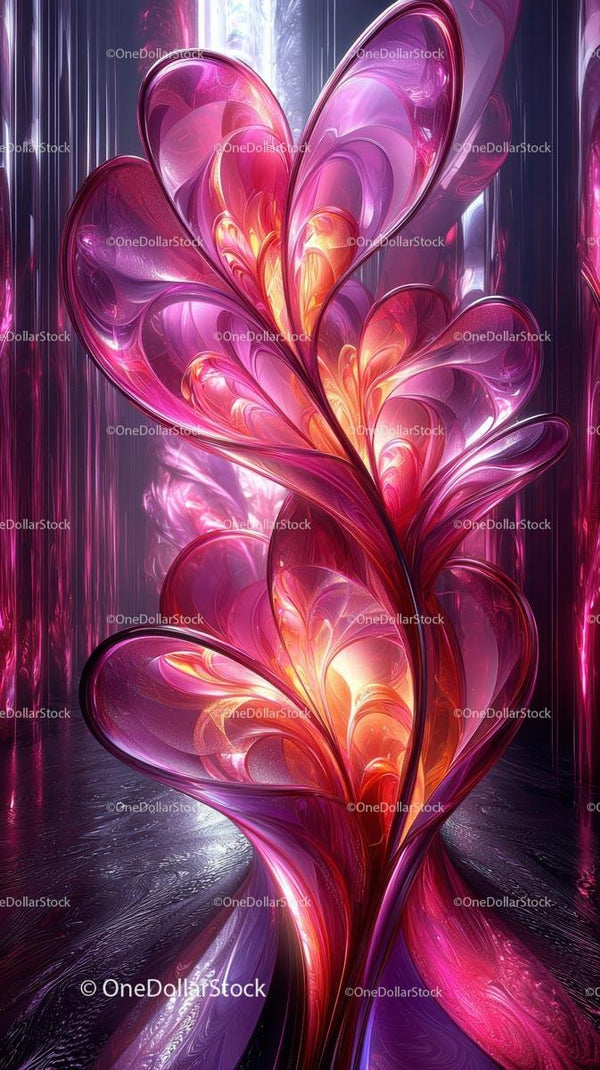 Vibrant Abstract Glass Hearts with Glowing Pink and Orange Tones
