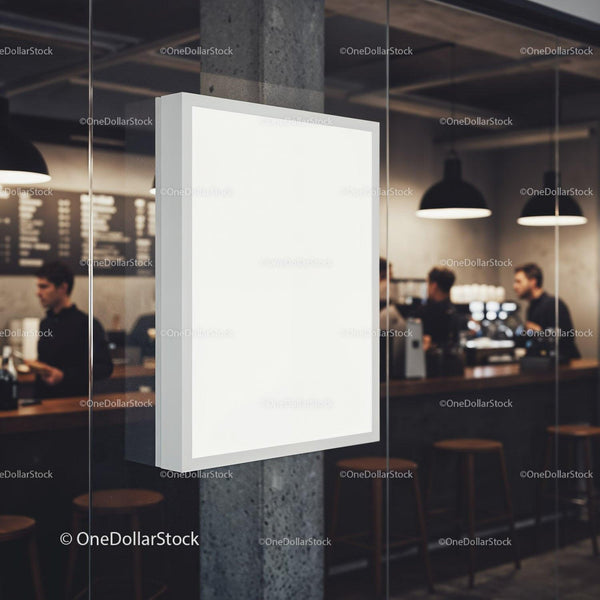 Blank illuminated sign in modern coffee shop interior JPG Mockup Image