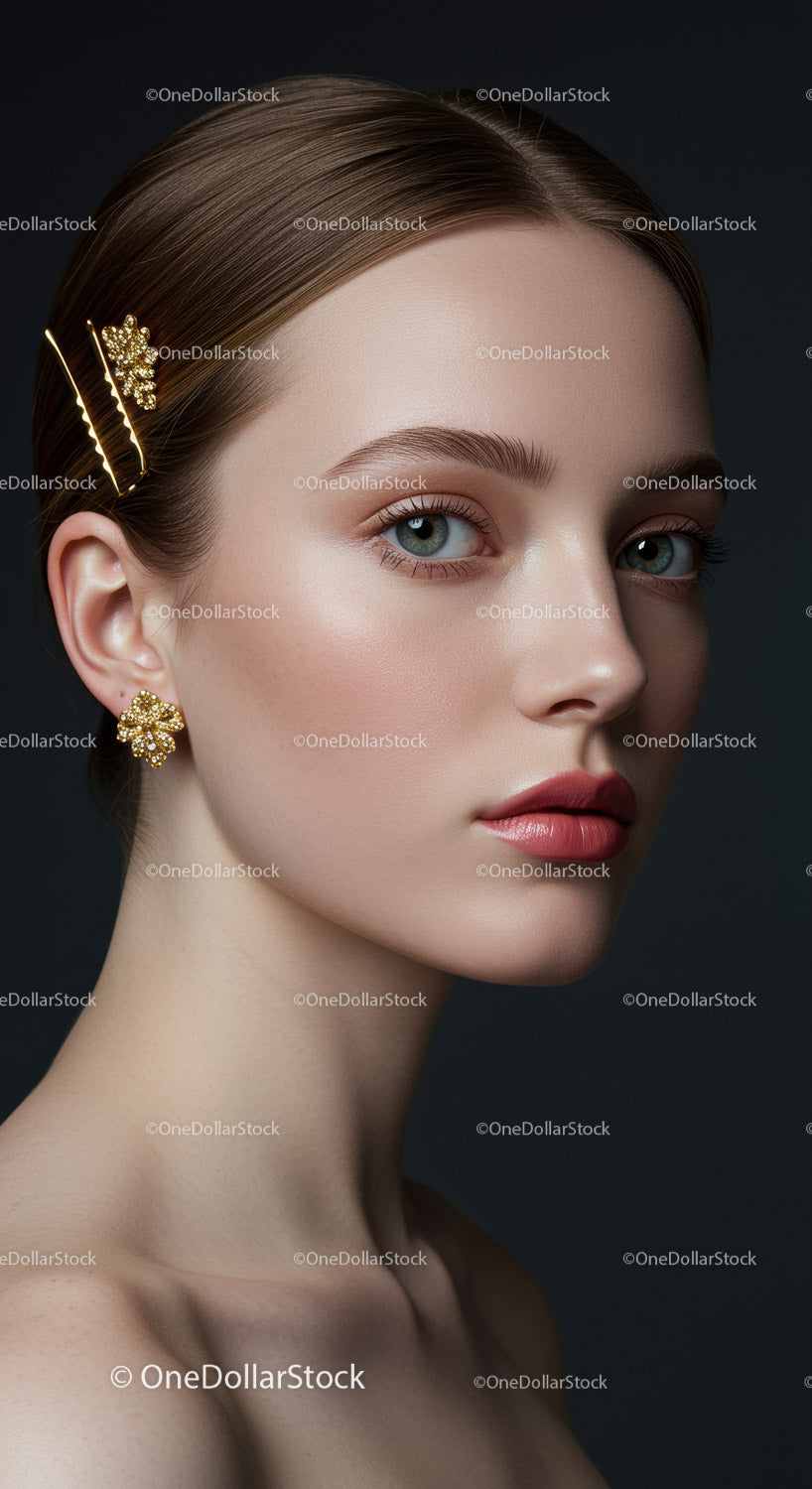 Elegant Young Woman with Gold Jewelry and Stylish Hair Accessories