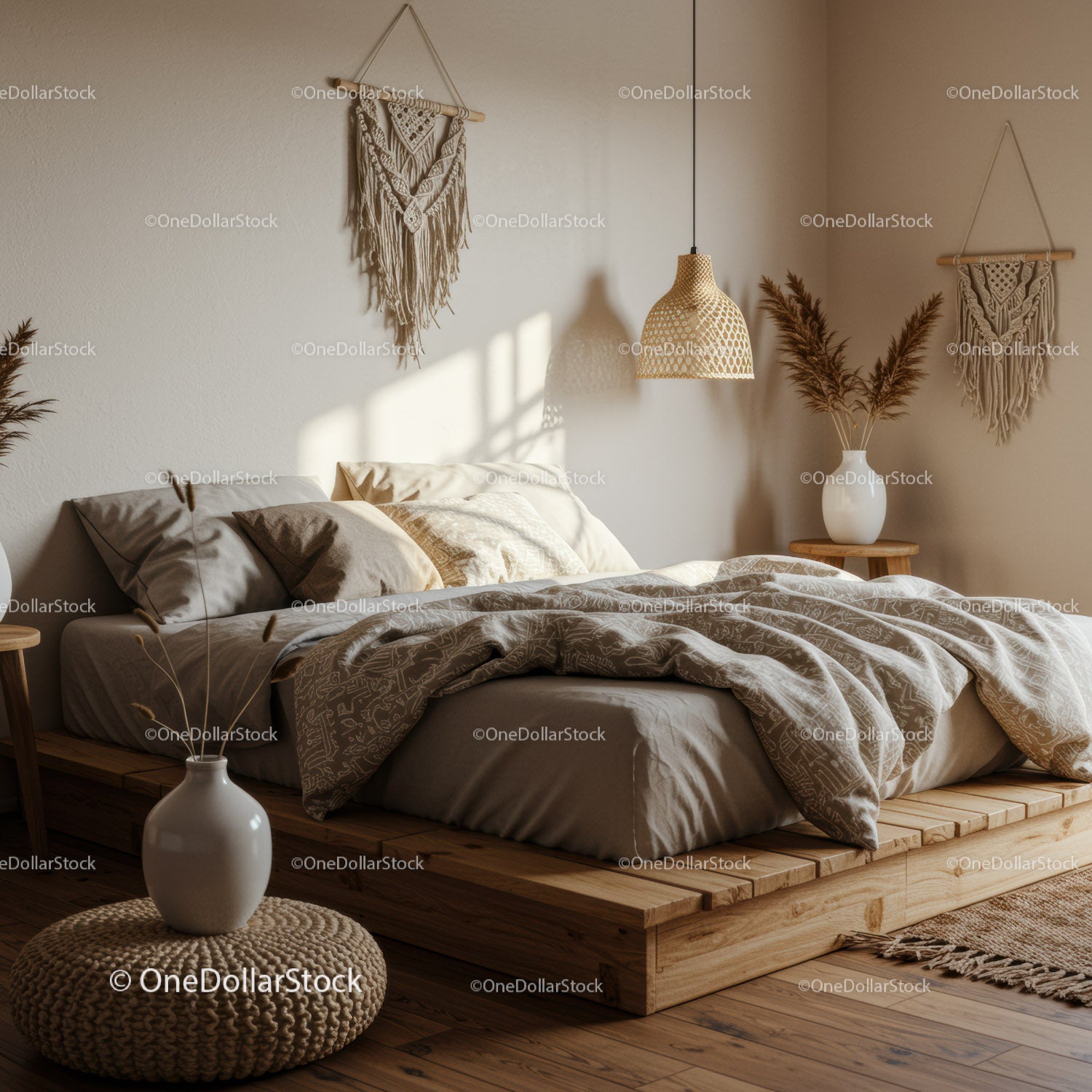 Cozy boho bedroom with natural textures and soft lighting