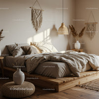 Cozy boho bedroom with natural textures and soft lighting