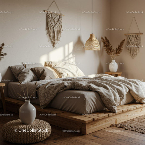 Cozy boho bedroom with natural textures and soft lighting