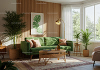 Cozy living room with green sofa and natural light