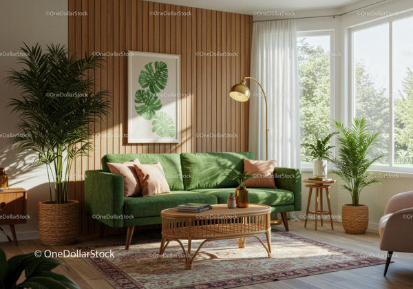 Cozy living room with green sofa and natural light